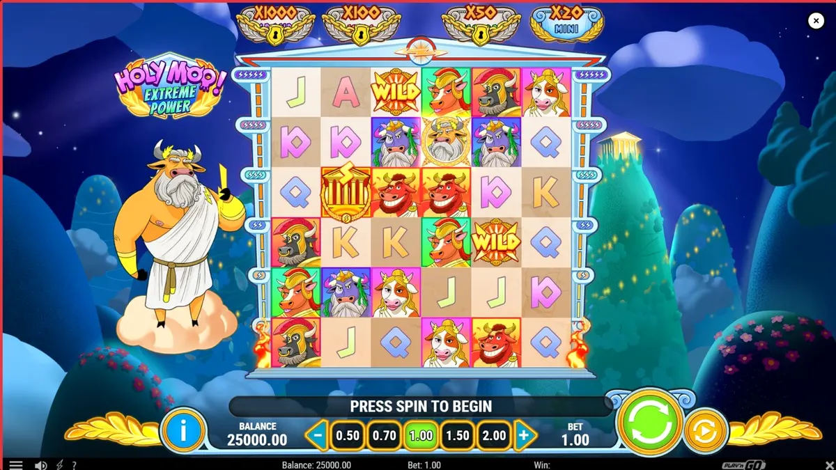 Karakter sapi Zeus dalam slot Holy Moo! Extreme Power dengan latar belakang Olympus