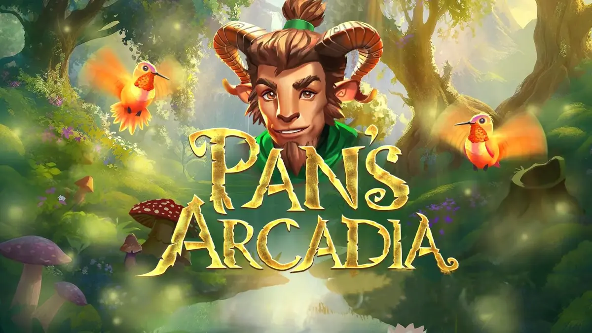 Pemandangan hutan mistis dalam slot Pan’s Arcadia dengan simbol mitologi Yunani